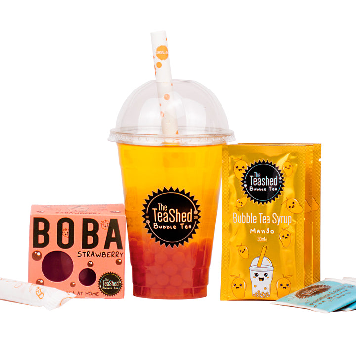 Fruit Bubble Tea Kit Gift Box | 6 Serving Mango + Strawberry Syrup, Cherry  & Peach Popping Boba, Tea Bags, Paper Straws | Bubble Tea at Home