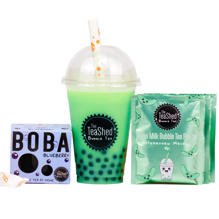 bubble tea kit with vegan powder and popping boba and cup