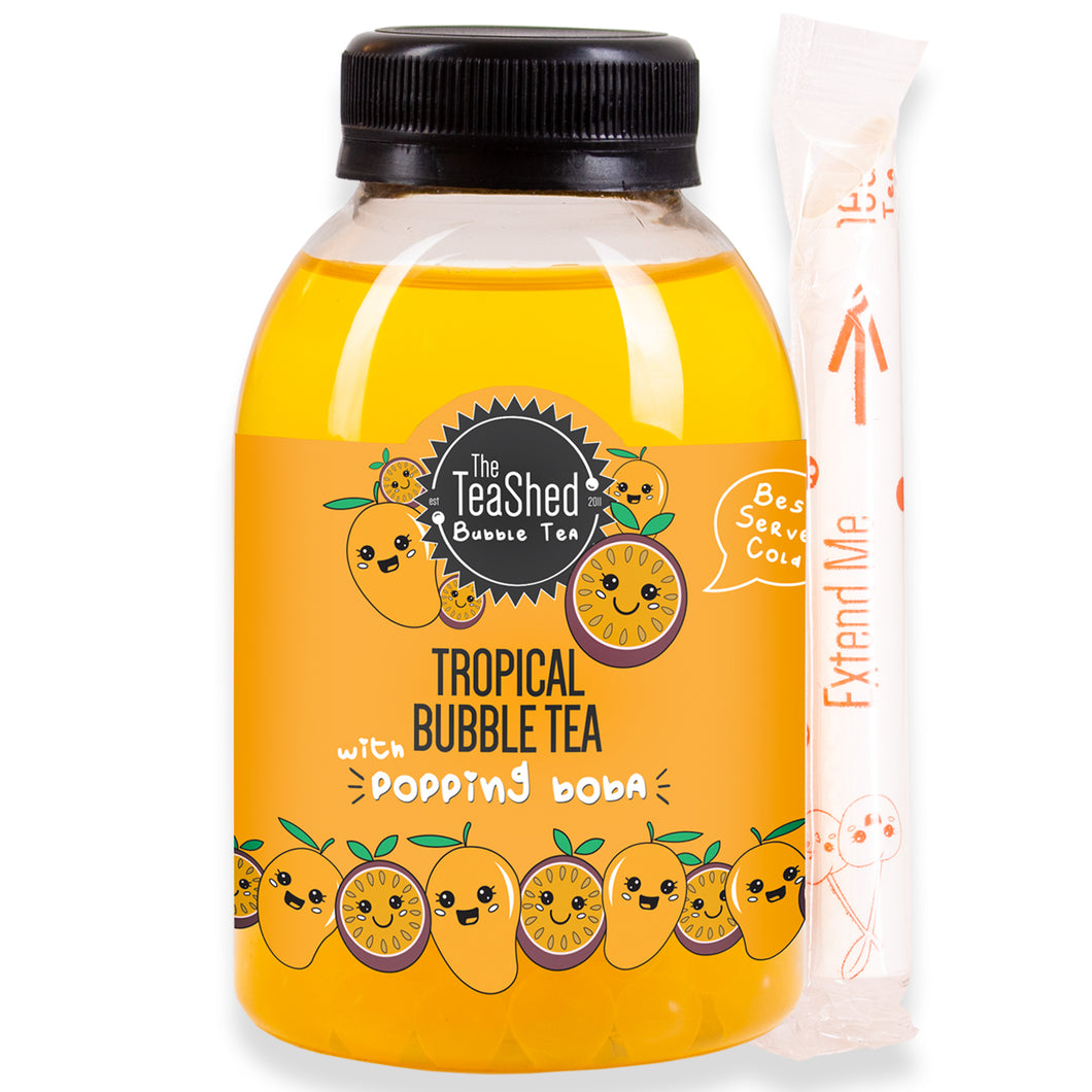 Tropical Ready To Drink Bubble Tea Bottle - Contains Passion Fruit Popping Boba, Mango Iced Tea & Straw - 250ml